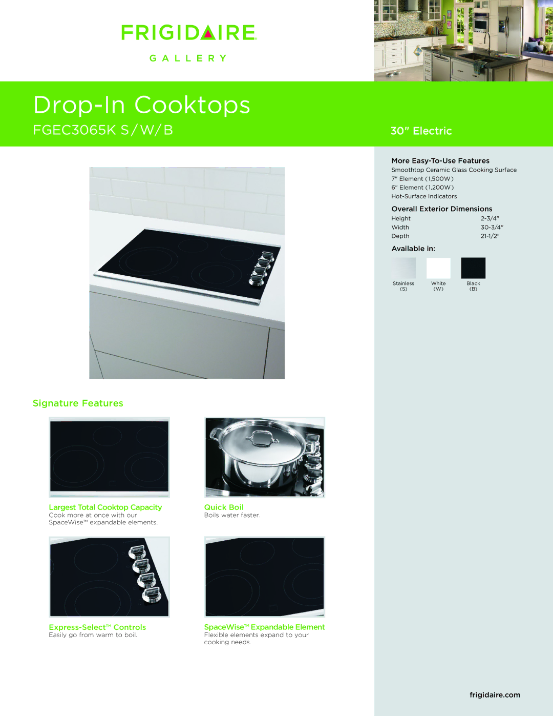 Frigidaire dimensions Drop-In Cooktops, FGEC3065K S / W/ B, Electric, Signature Features 